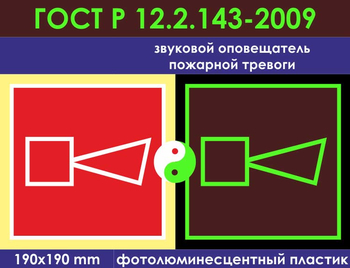 F11 звуковой оповещатель пожарной тревоги (фотолюминесцентный пластик ГОСТ 34428-2018, 200х200 мм) - Знаки безопасности - Фотолюминесцентные знаки - Магазин охраны труда и техники безопасности stroiplakat.ru